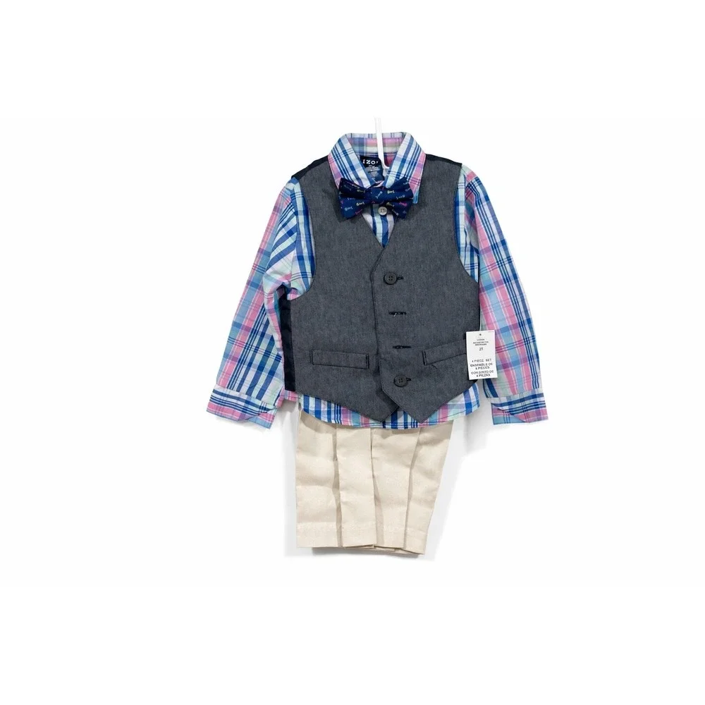 IZOD 4 Piece Suit Set Toddler Boys 2T Plaid Vest Pants Bow Tie Wedding NWT